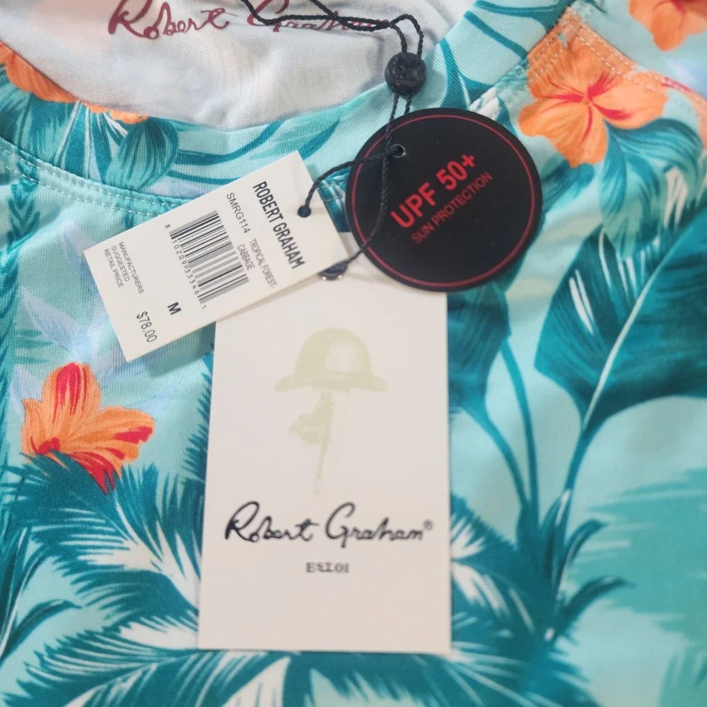Robert Graham Tropical Forest Rash Guard Mens Medium Green Floral UPF 50+ 994